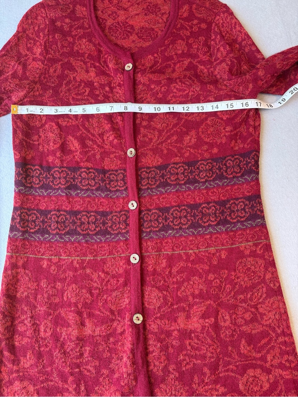 Novica 100% Baby Alpaca Red Floral Button Front Long Knit Cardigan sz M Boho - Picture 7 of 9